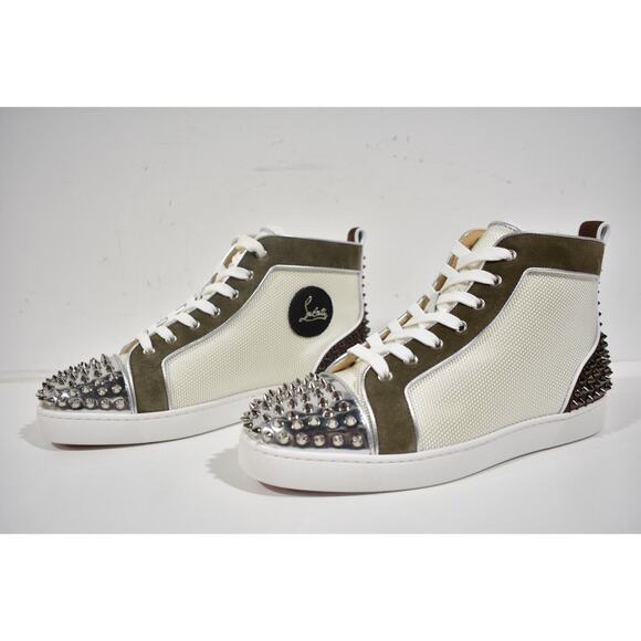 Christian Louboutin Mens Lou Spikes 2 Flat White Green High Top Sneaker 48 15 - Picture 9 of 12